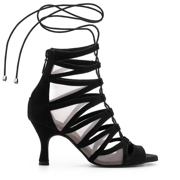 Chaussures De Danse Indoor Femme – Talon Bloc – Maille Respirante – Semelle Souple – Large Pied – Lacets – Unies